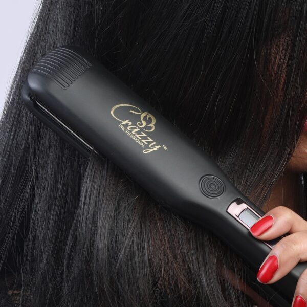 girl using Crazzy professional hair straightener Tourmaline titanium