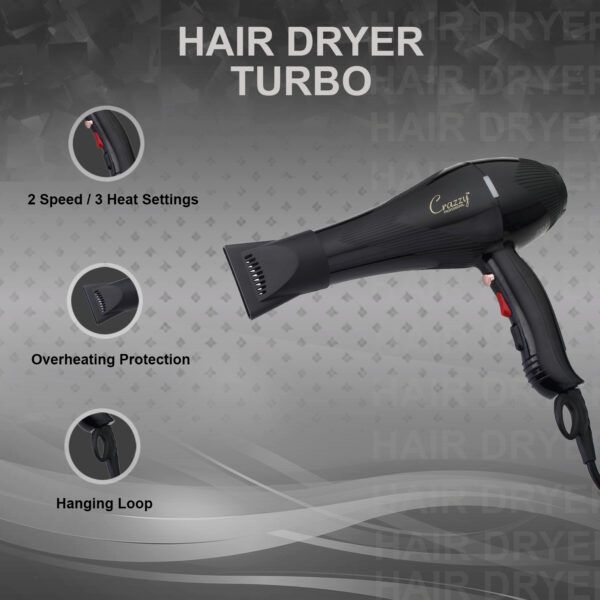 Crazzy Professional Turbo Hair Dryer overheating protection speed settings features