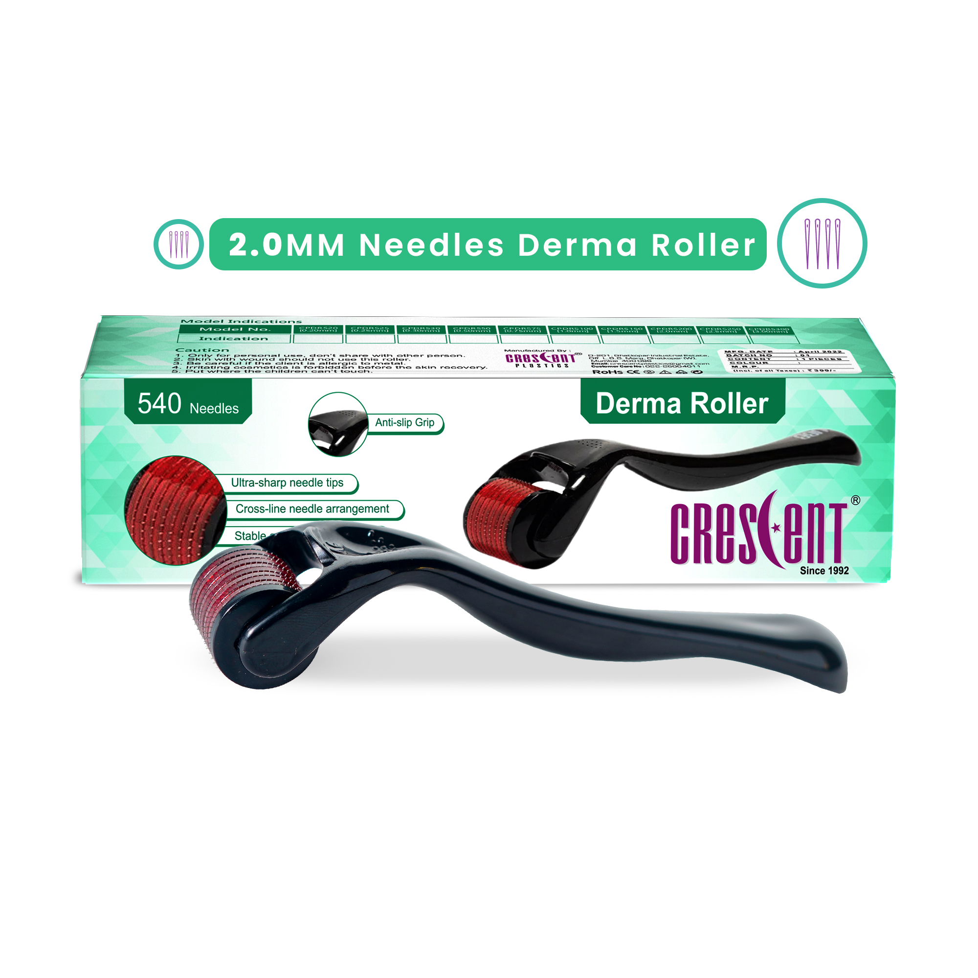 Derma Roller with 540 Titanium Micro Needles| Size: 2.0 MM| Quantity: 1