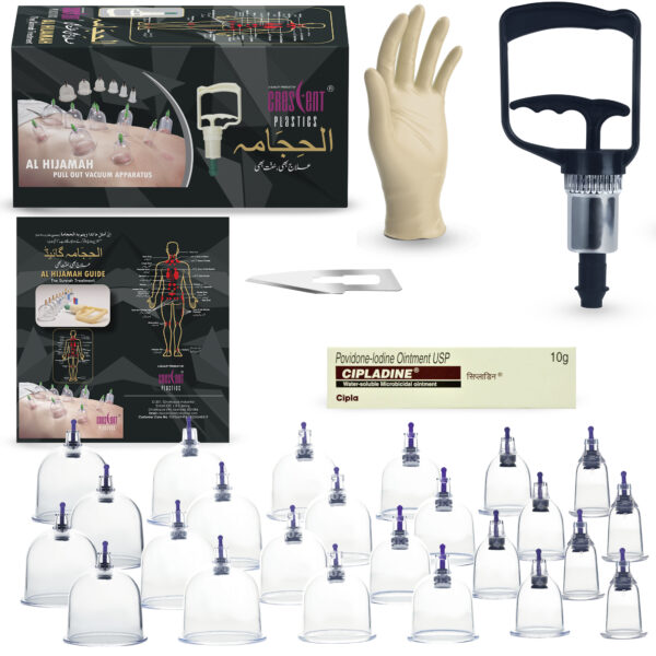 Crescent hijama cupping therapy kit 24 cup set black pump